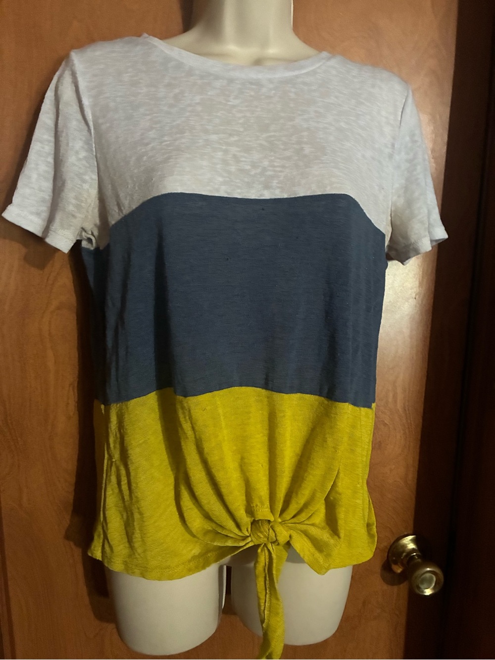 Colorblock Tie-Front Tee in White, Blue & Yellow